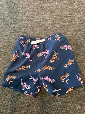 Kids chubbies Navy Swim Trunks with Pink & Orange Tiger Shark Print size 5T